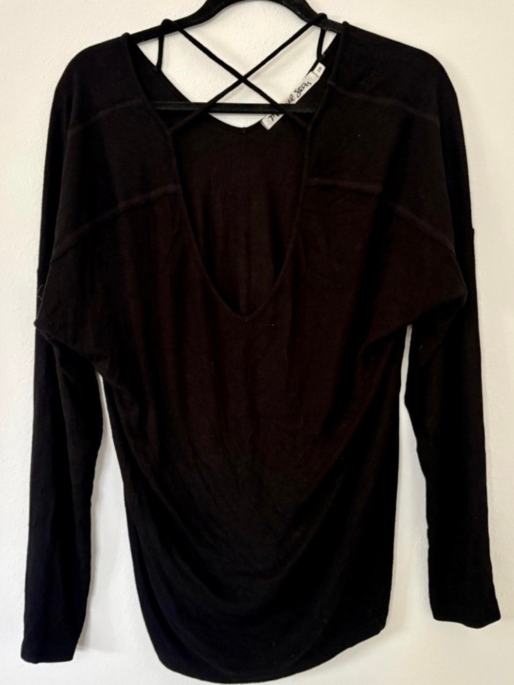 Michael Stars Black Ribbed V Neck Lace Up Long Sleeve Top Y2K Cottagecore Style